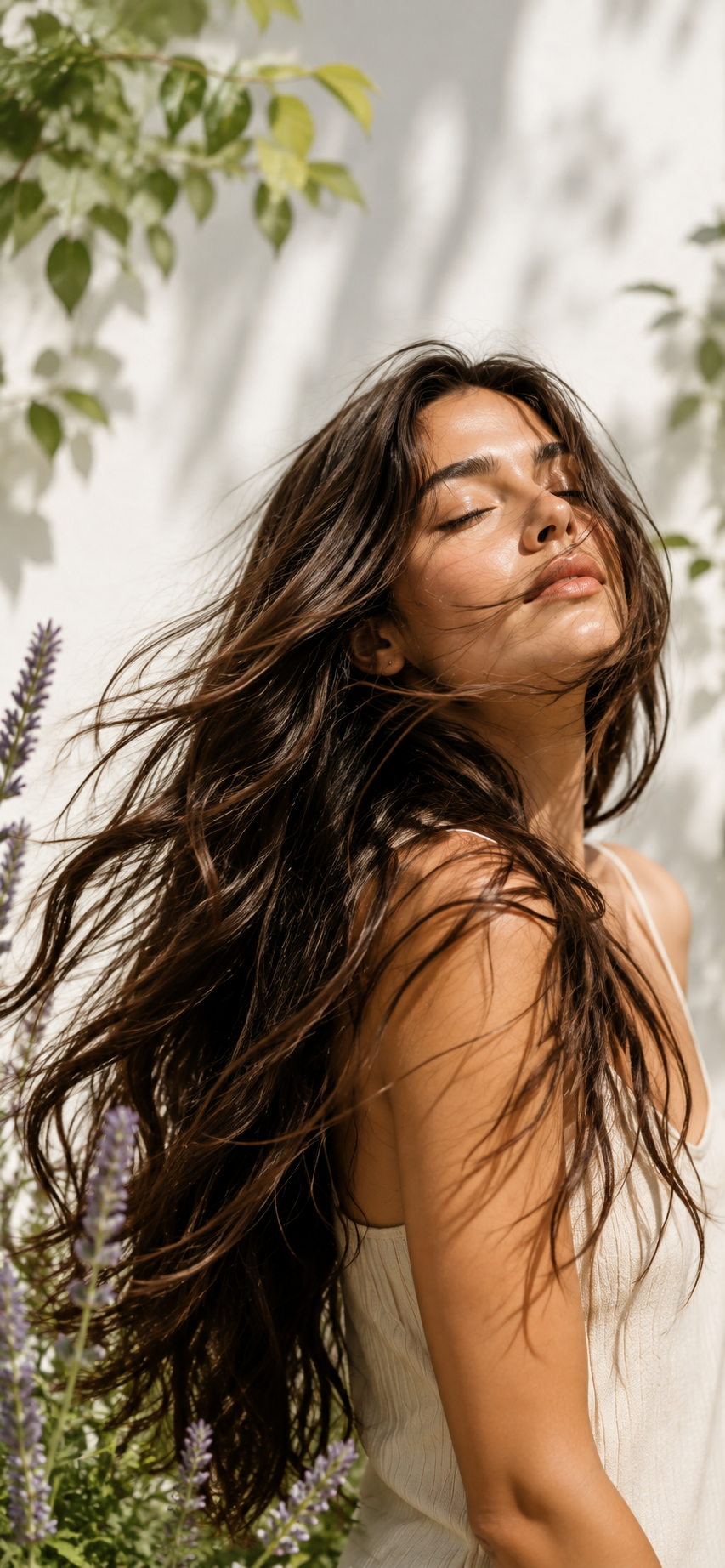 Mujer con cabello largo en movimiento, rodeada de naturaleza.